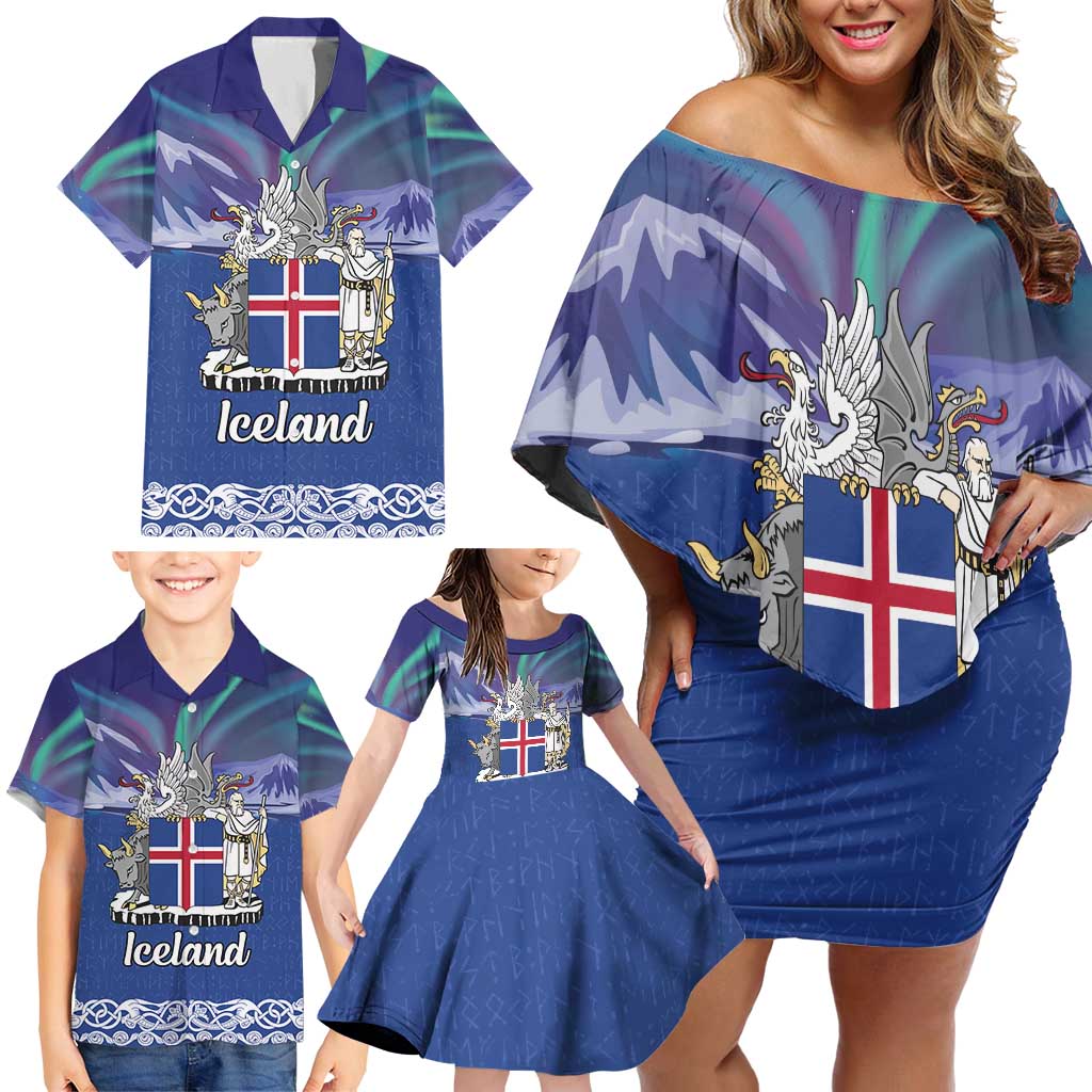 Iceland Family Matching Off Shoulder Short Dress and Hawaiian Shirt Icelandic Landscape Northern Lights