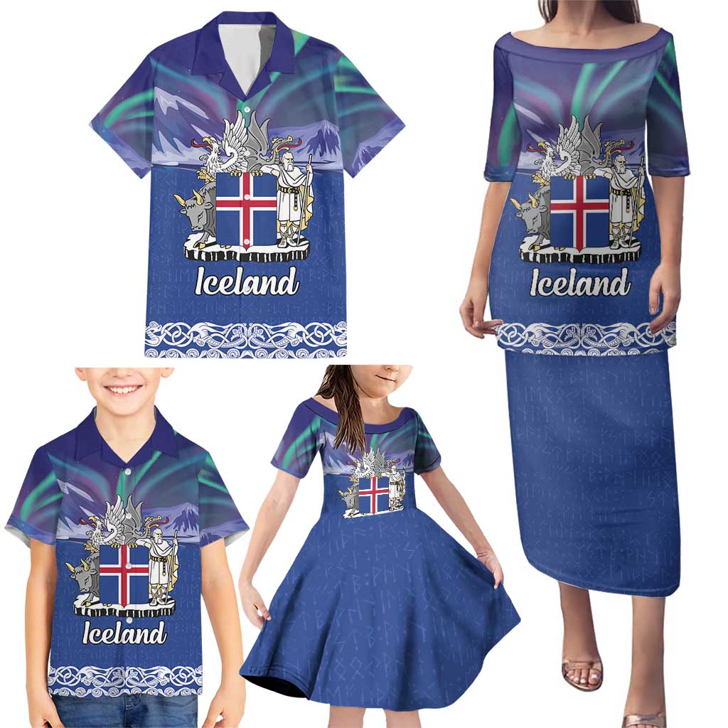 Iceland Family Matching Puletasi and Hawaiian Shirt Icelandic Landscape Northern Lights