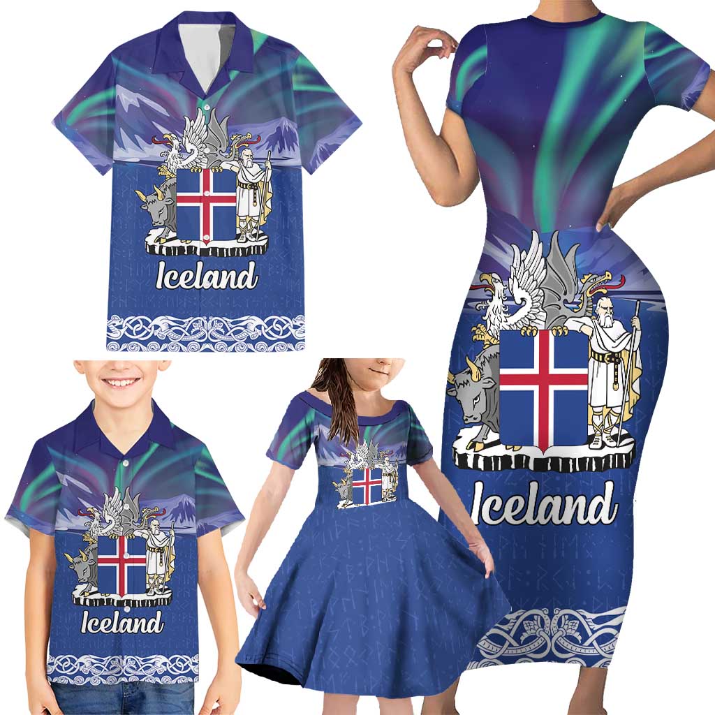 Iceland Family Matching Short Sleeve Bodycon Dress and Hawaiian Shirt Icelandic Landscape Northern Lights