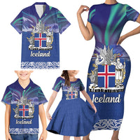 Iceland Family Matching Short Sleeve Bodycon Dress and Hawaiian Shirt Icelandic Landscape Northern Lights