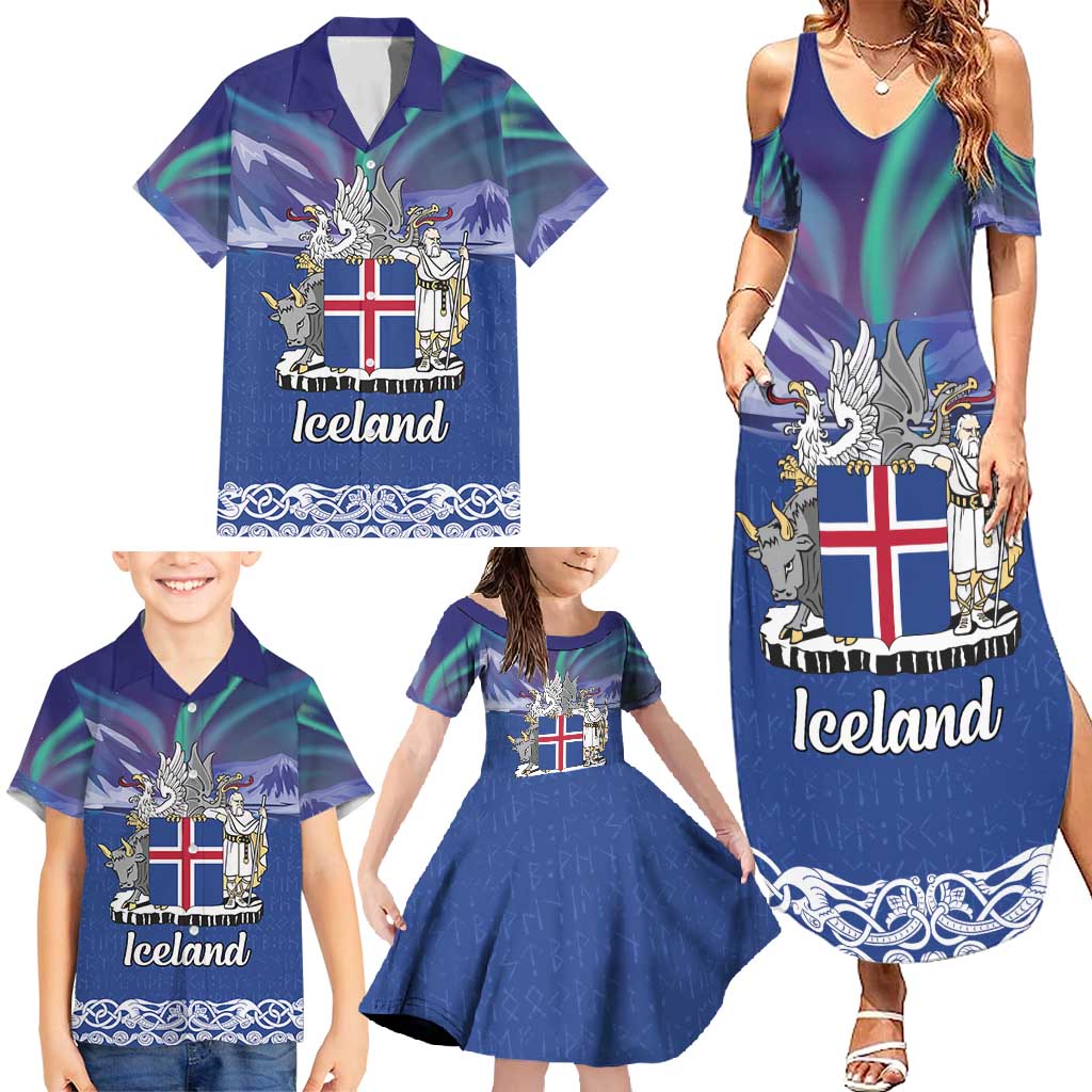 Iceland Family Matching Summer Maxi Dress and Hawaiian Shirt Icelandic Landscape Northern Lights