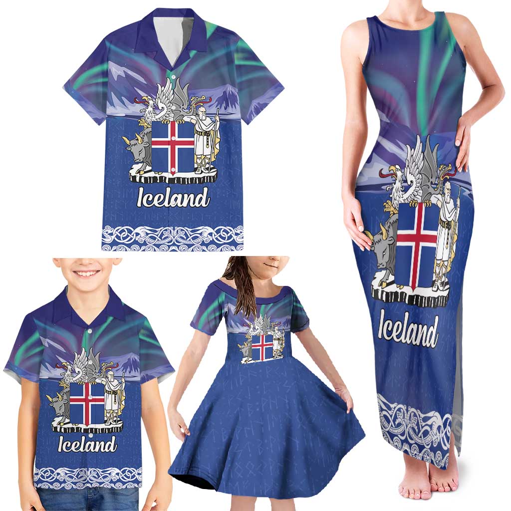 Iceland Family Matching Tank Maxi Dress and Hawaiian Shirt Icelandic Landscape Northern Lights