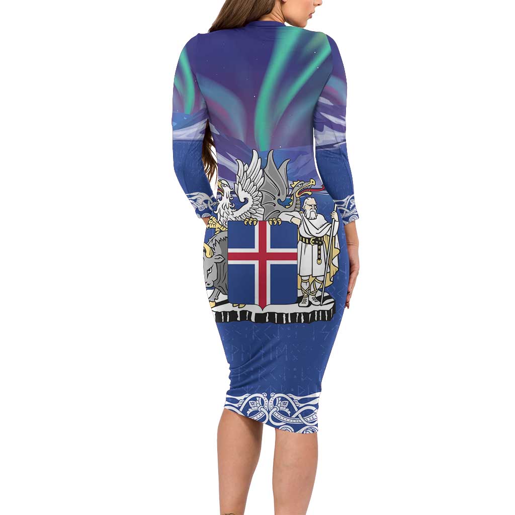 Iceland Long Sleeve Bodycon Dress Icelandic Landscape Northern Lights