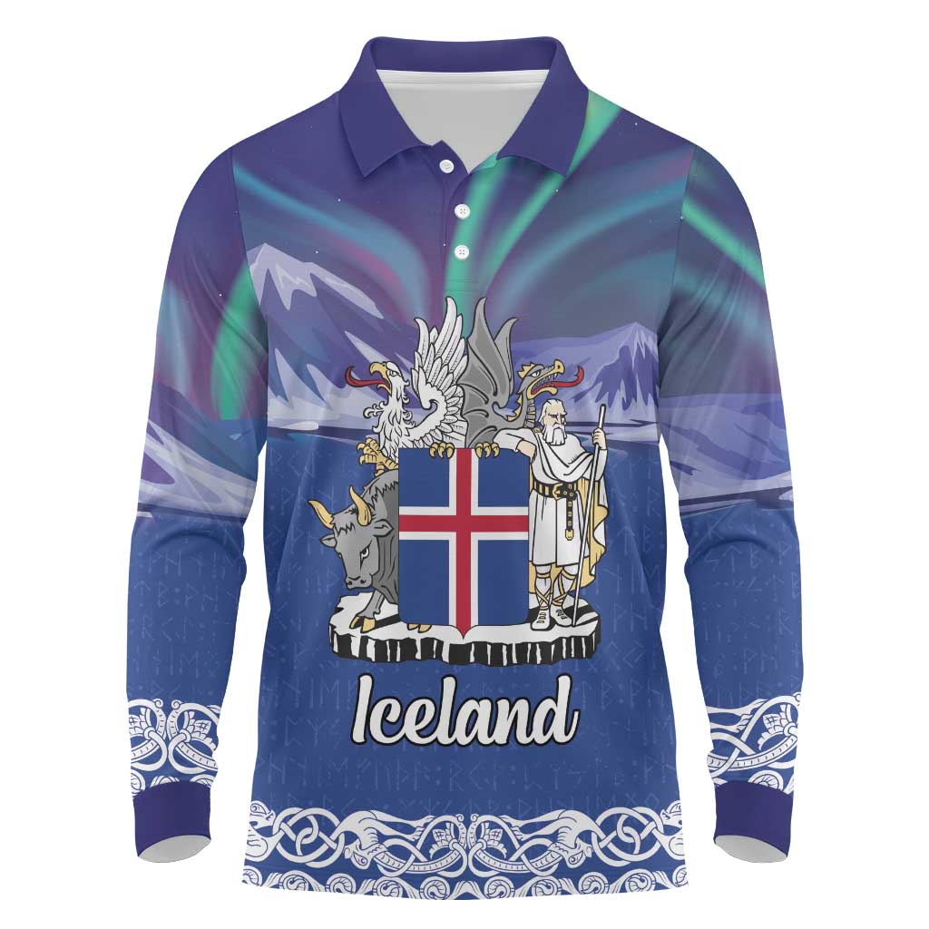Iceland Long Sleeve Polo Shirt Icelandic Landscape Northern Lights