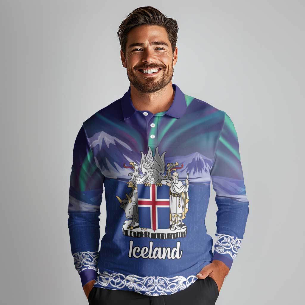 Iceland Long Sleeve Polo Shirt Icelandic Landscape Northern Lights