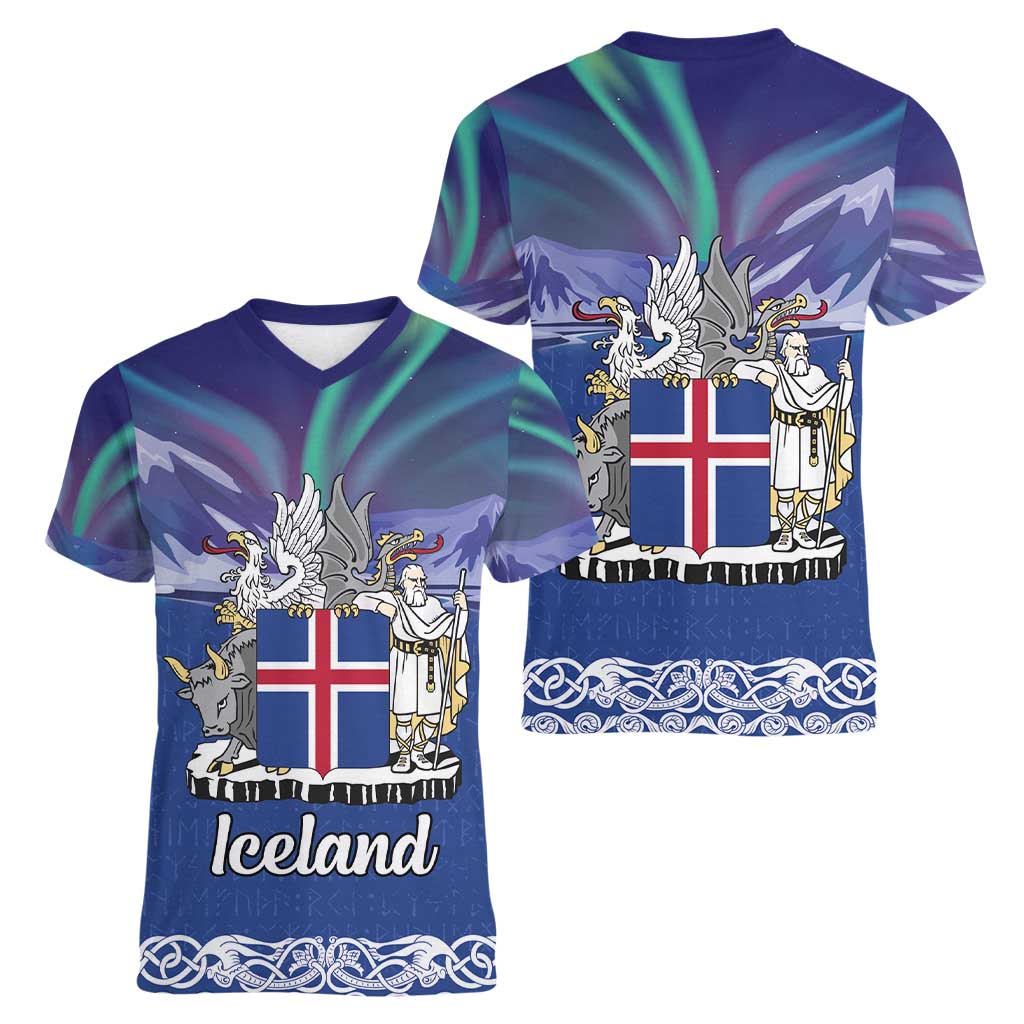 Iceland Women V-Neck T-Shirt Icelandic Landscape Northern Lights