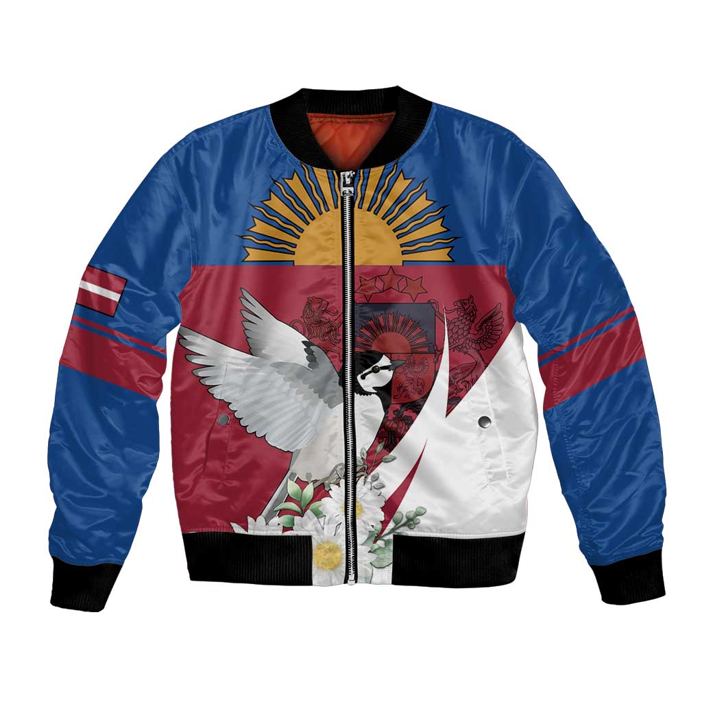 Personalized Latvia Bomber Jacket White Wagtail Dievs Sveti Latviju