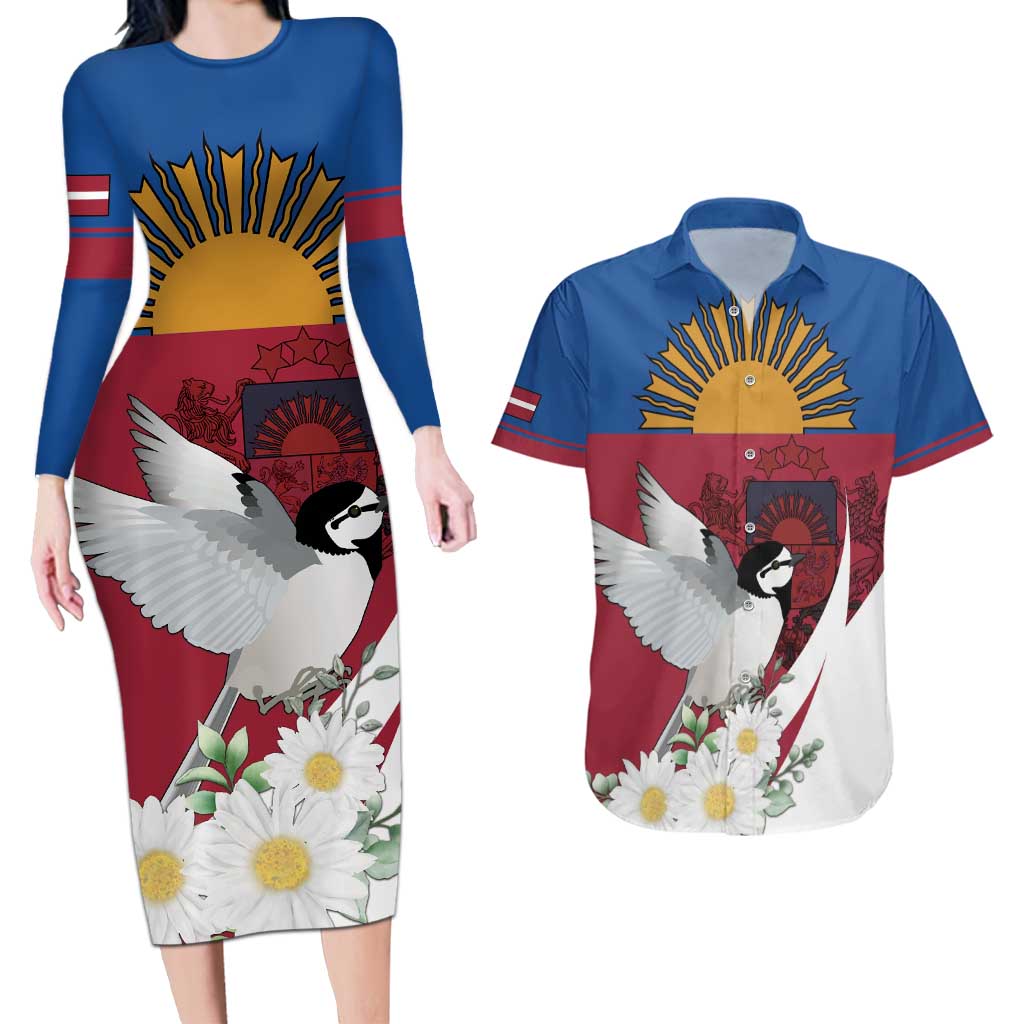 Personalized Latvia Couples Matching Long Sleeve Bodycon Dress and Hawaiian Shirt White Wagtail Dievs Sveti Latviju
