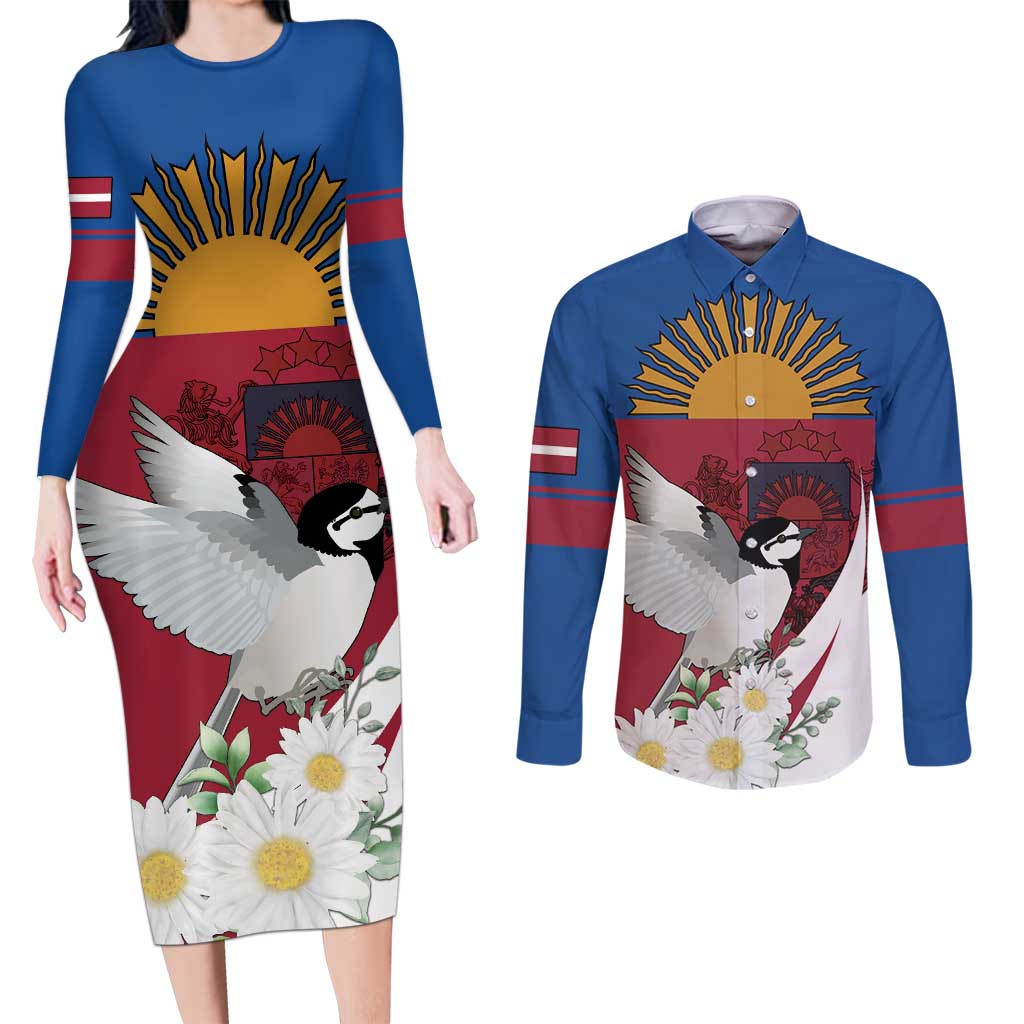 Personalized Latvia Couples Matching Long Sleeve Bodycon Dress and Long Sleeve Button Shirt White Wagtail Dievs Sveti Latviju