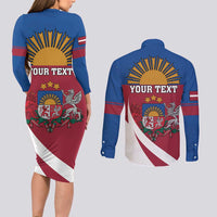 Personalized Latvia Couples Matching Long Sleeve Bodycon Dress and Long Sleeve Button Shirt White Wagtail Dievs Sveti Latviju