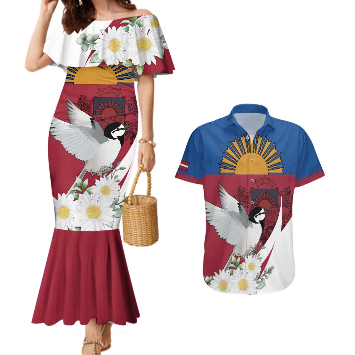 Personalized Latvia Couples Matching Mermaid Dress and Hawaiian Shirt White Wagtail Dievs Sveti Latviju