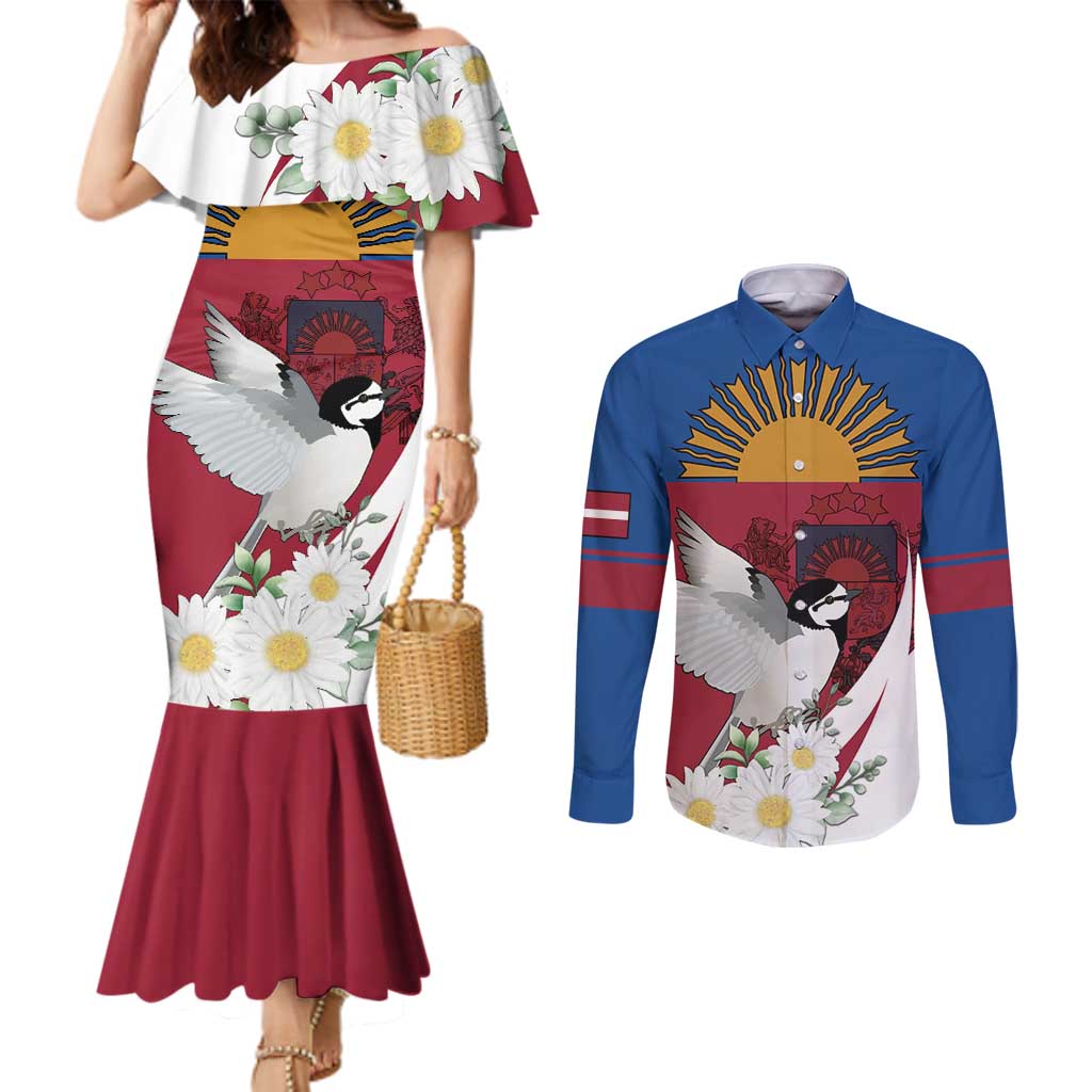 Personalized Latvia Couples Matching Mermaid Dress and Long Sleeve Button Shirt White Wagtail Dievs Sveti Latviju