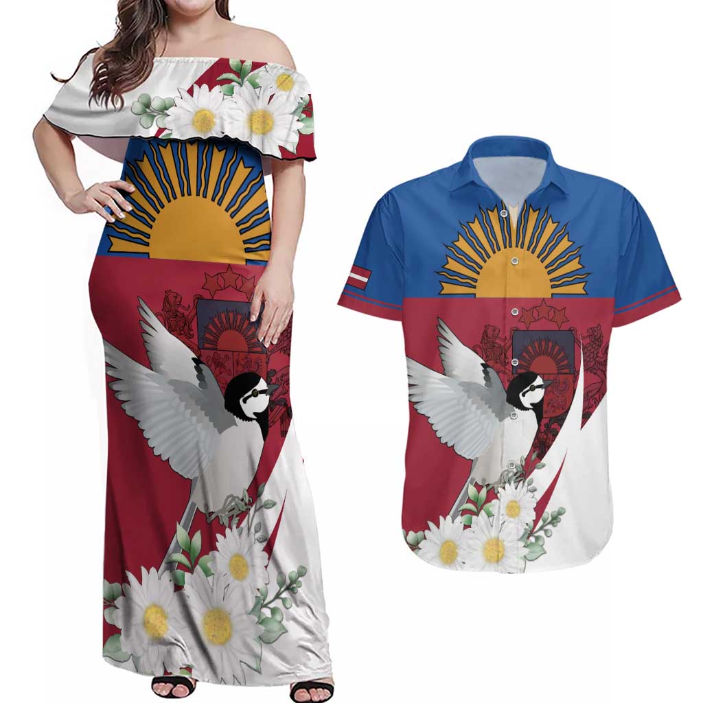 Personalized Latvia Couples Matching Off Shoulder Maxi Dress and Hawaiian Shirt White Wagtail Dievs Sveti Latviju