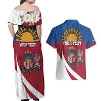 Personalized Latvia Couples Matching Off Shoulder Maxi Dress and Hawaiian Shirt White Wagtail Dievs Sveti Latviju