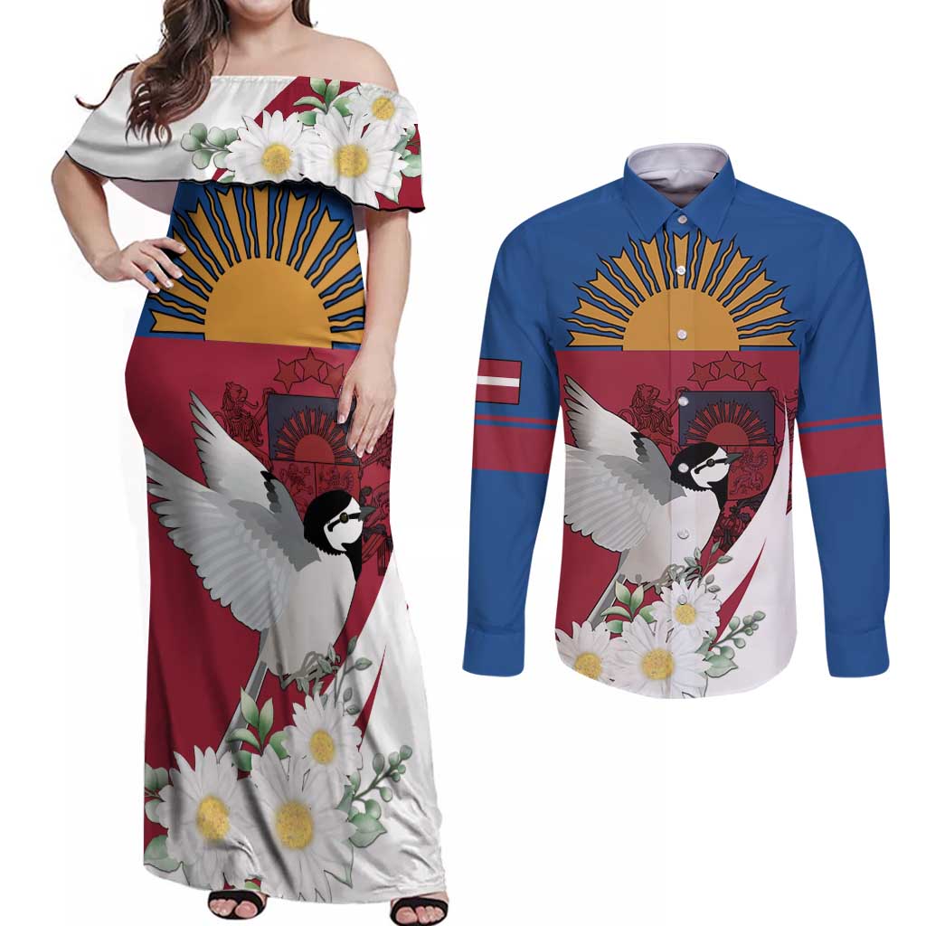 Personalized Latvia Couples Matching Off Shoulder Maxi Dress and Long Sleeve Button Shirt White Wagtail Dievs Sveti Latviju