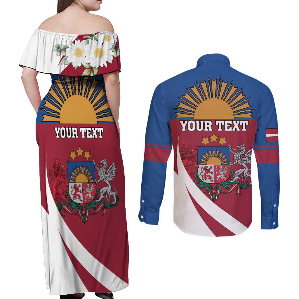 Personalized Latvia Couples Matching Off Shoulder Maxi Dress and Long Sleeve Button Shirt White Wagtail Dievs Sveti Latviju