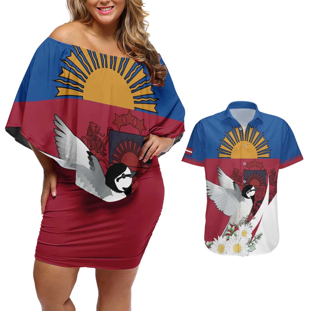Personalized Latvia Couples Matching Off Shoulder Short Dress and Hawaiian Shirt White Wagtail Dievs Sveti Latviju