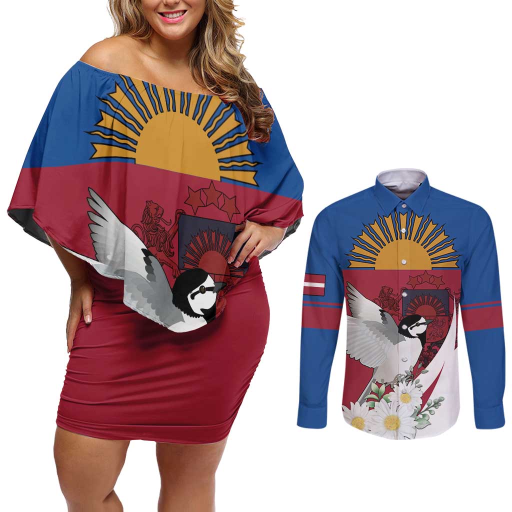 Personalized Latvia Couples Matching Off Shoulder Short Dress and Long Sleeve Button Shirt White Wagtail Dievs Sveti Latviju
