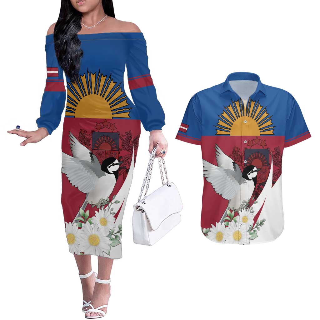 Personalized Latvia Couples Matching Off The Shoulder Long Sleeve Dress and Hawaiian Shirt White Wagtail Dievs Sveti Latviju