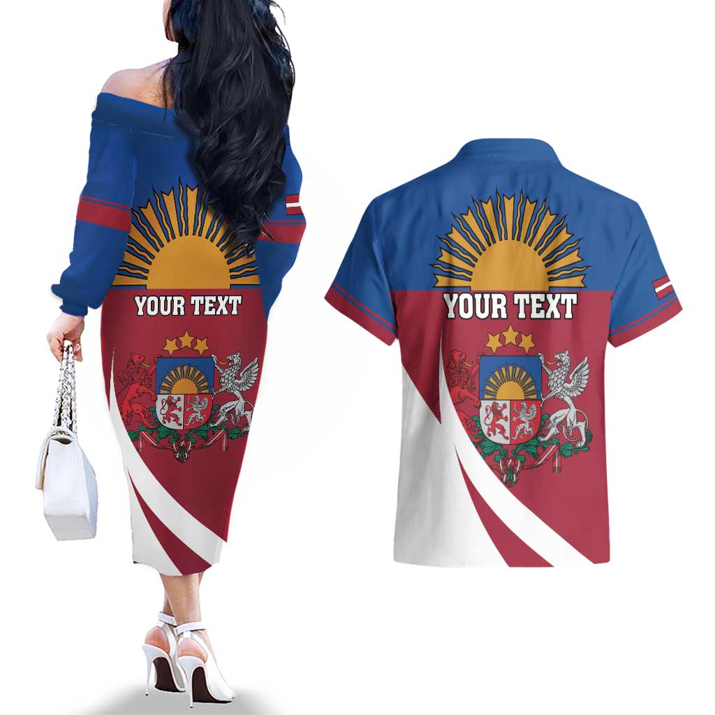 Personalized Latvia Couples Matching Off The Shoulder Long Sleeve Dress and Hawaiian Shirt White Wagtail Dievs Sveti Latviju