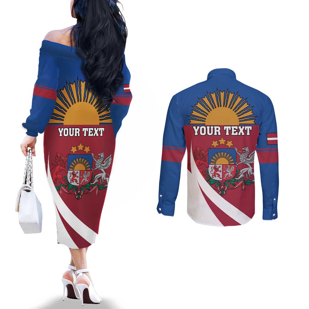 Personalized Latvia Couples Matching Off The Shoulder Long Sleeve Dress and Long Sleeve Button Shirt White Wagtail Dievs Sveti Latviju