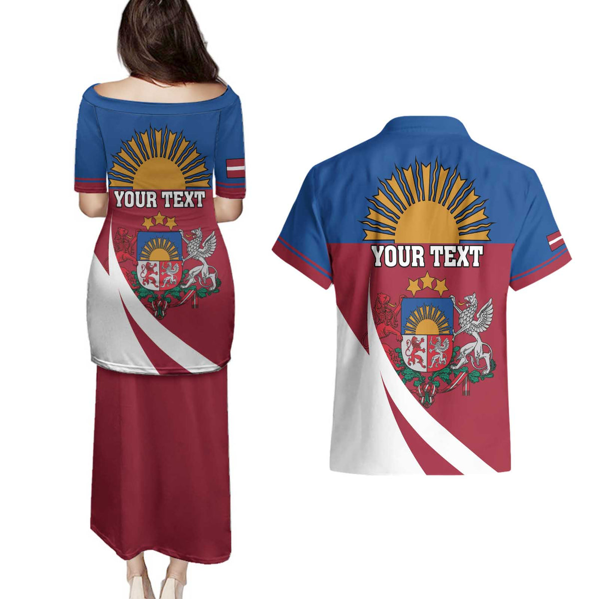 Personalized Latvia Couples Matching Puletasi and Hawaiian Shirt White Wagtail Dievs Sveti Latviju