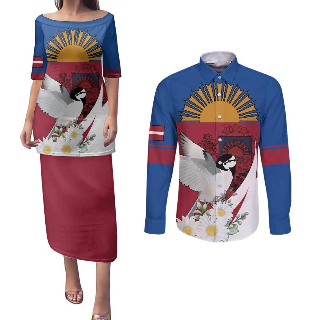 Personalized Latvia Couples Matching Puletasi and Long Sleeve Button Shirt White Wagtail Dievs Sveti Latviju