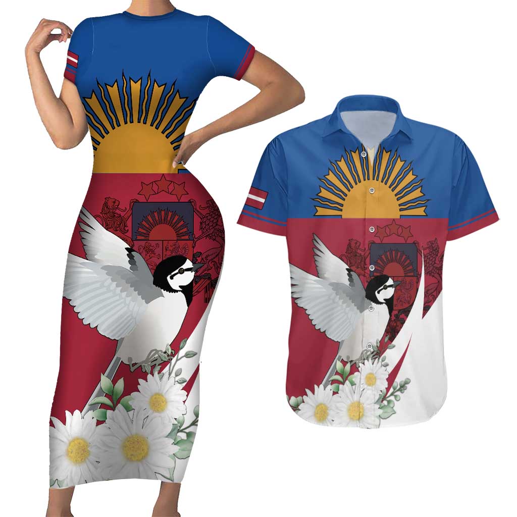 Personalized Latvia Couples Matching Short Sleeve Bodycon Dress and Hawaiian Shirt White Wagtail Dievs Sveti Latviju