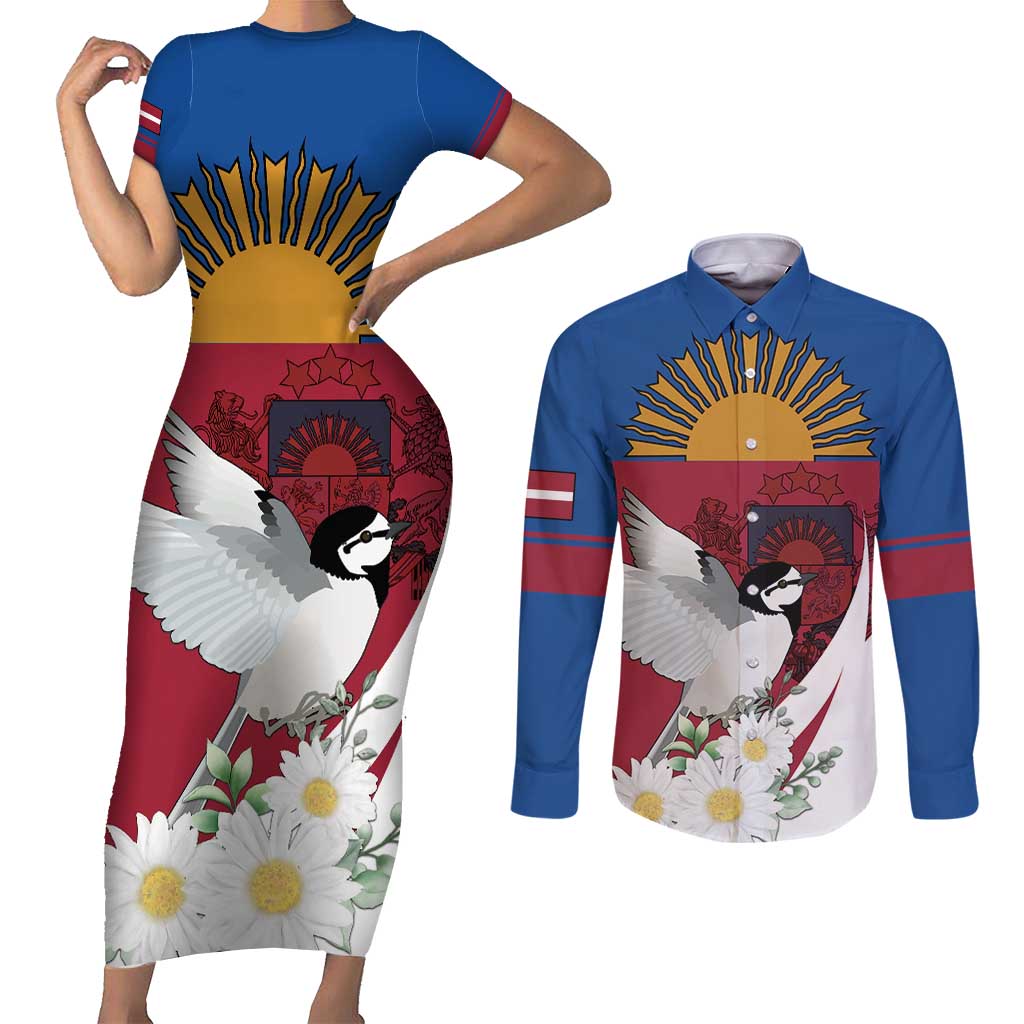 Personalized Latvia Couples Matching Short Sleeve Bodycon Dress and Long Sleeve Button Shirt White Wagtail Dievs Sveti Latviju