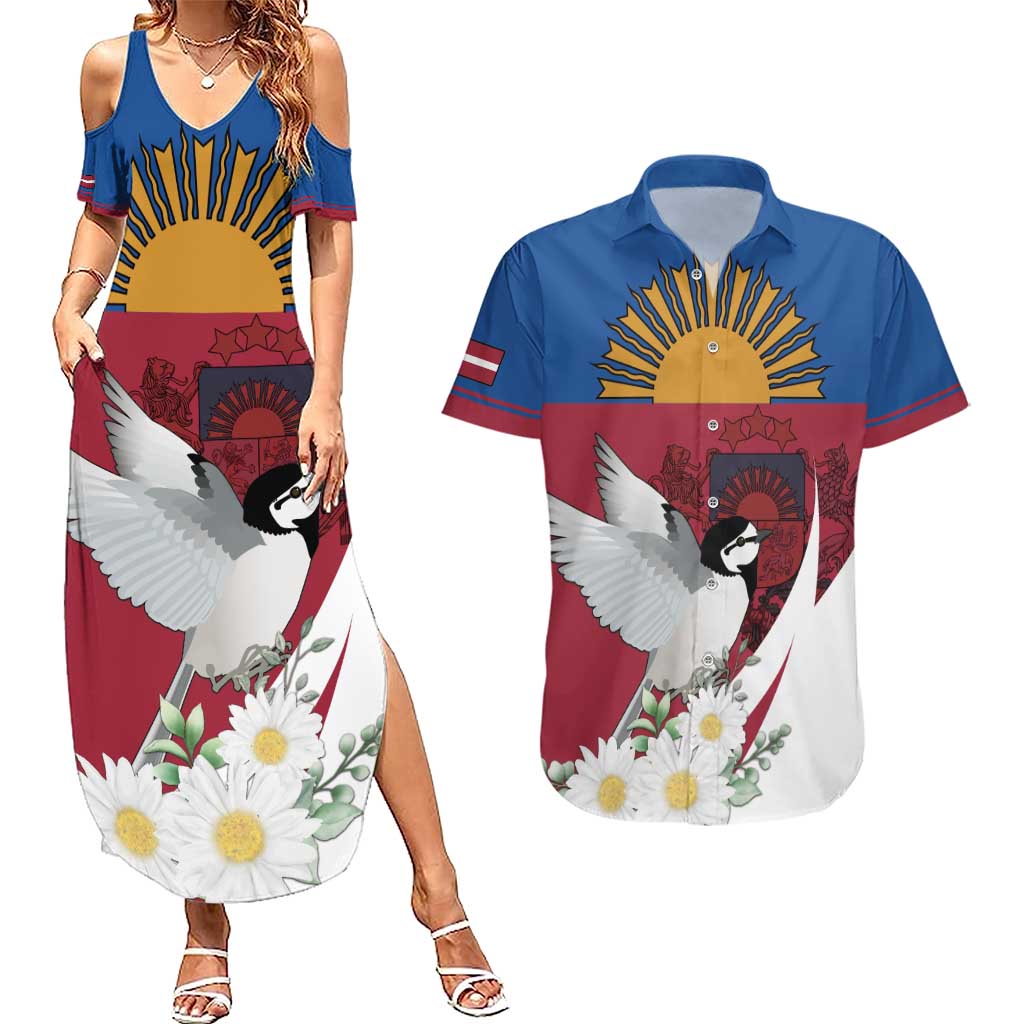 Personalized Latvia Couples Matching Summer Maxi Dress and Hawaiian Shirt White Wagtail Dievs Sveti Latviju