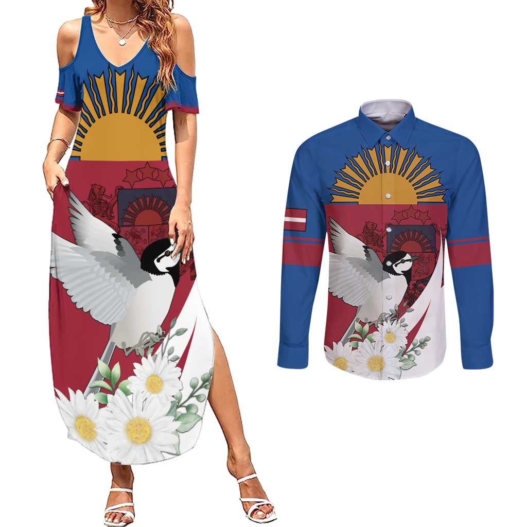 Personalized Latvia Couples Matching Summer Maxi Dress and Long Sleeve Button Shirt White Wagtail Dievs Sveti Latviju
