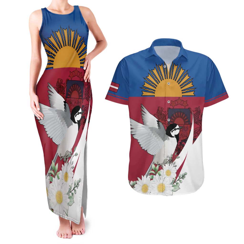 Personalized Latvia Couples Matching Tank Maxi Dress and Hawaiian Shirt White Wagtail Dievs Sveti Latviju