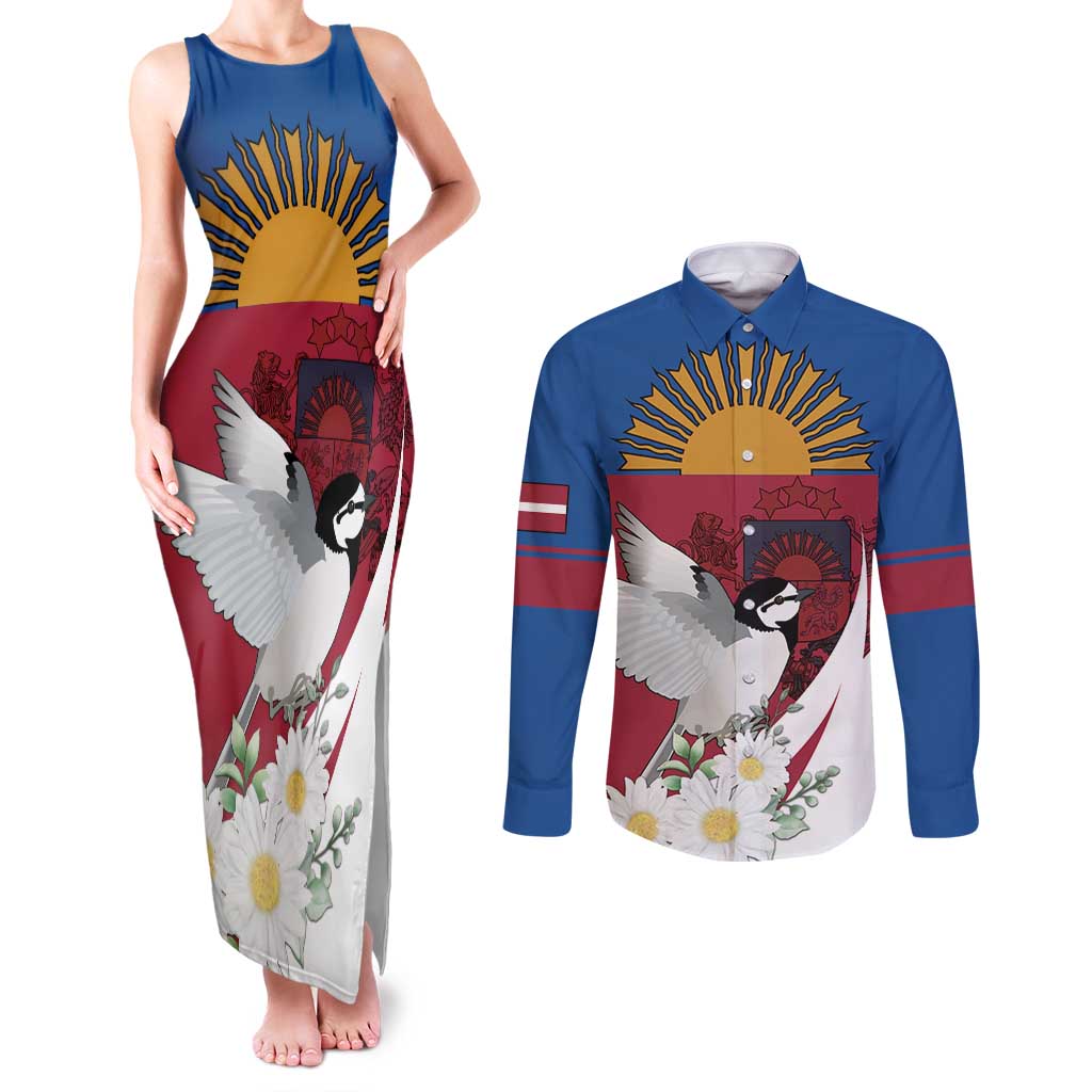 Personalized Latvia Couples Matching Tank Maxi Dress and Long Sleeve Button Shirt White Wagtail Dievs Sveti Latviju