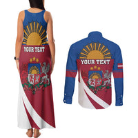 Personalized Latvia Couples Matching Tank Maxi Dress and Long Sleeve Button Shirt White Wagtail Dievs Sveti Latviju