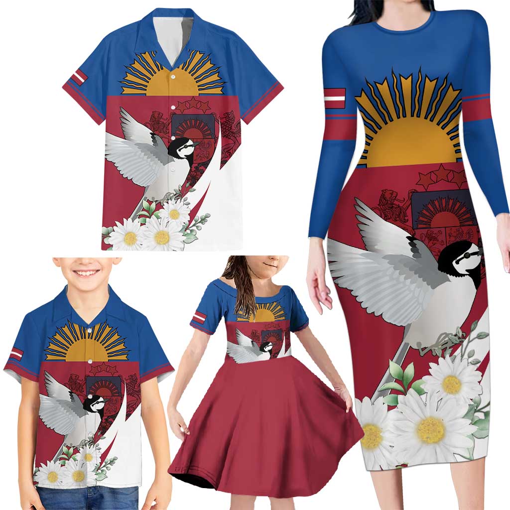 Personalized Latvia Family Matching Long Sleeve Bodycon Dress and Hawaiian Shirt White Wagtail Dievs Sveti Latviju