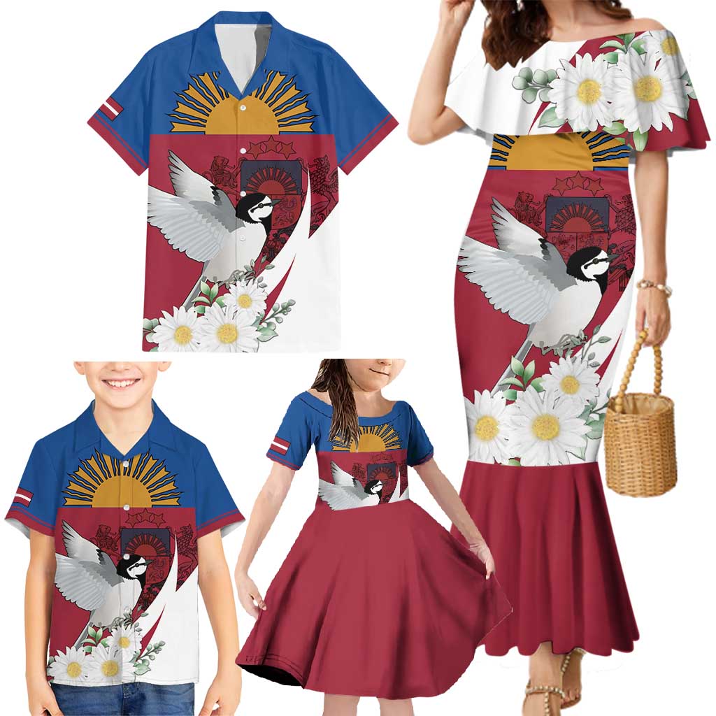 Personalized Latvia Family Matching Mermaid Dress and Hawaiian Shirt White Wagtail Dievs Sveti Latviju