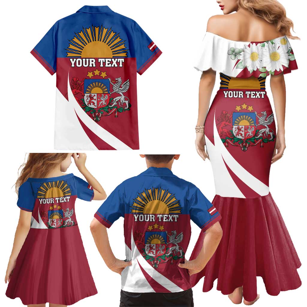 Personalized Latvia Family Matching Mermaid Dress and Hawaiian Shirt White Wagtail Dievs Sveti Latviju