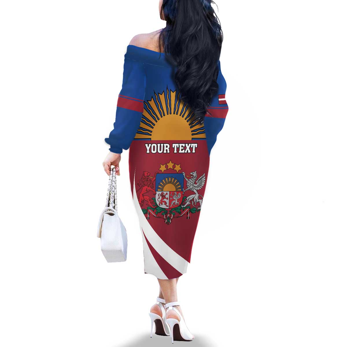 Personalized Latvia Family Matching Off The Shoulder Long Sleeve Dress and Hawaiian Shirt White Wagtail Dievs Sveti Latviju