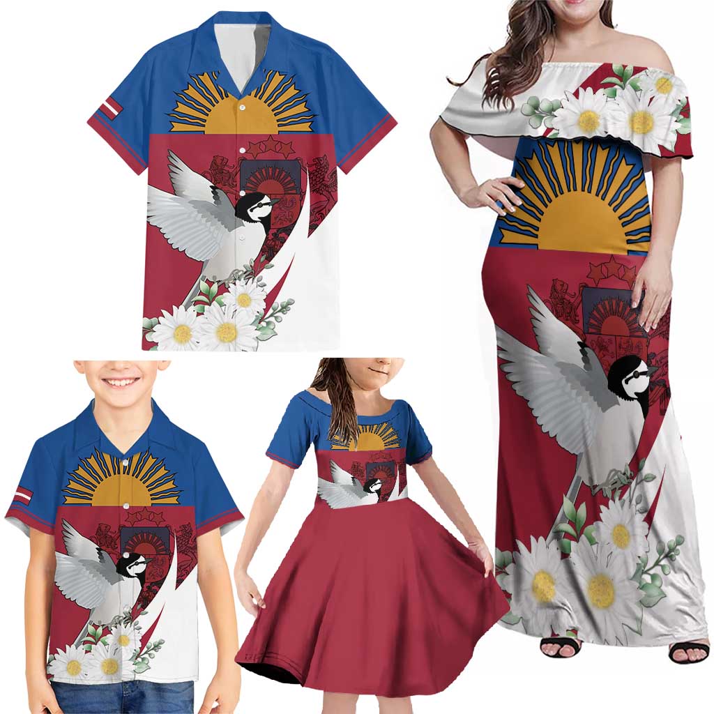 Personalized Latvia Family Matching Off Shoulder Maxi Dress and Hawaiian Shirt White Wagtail Dievs Sveti Latviju