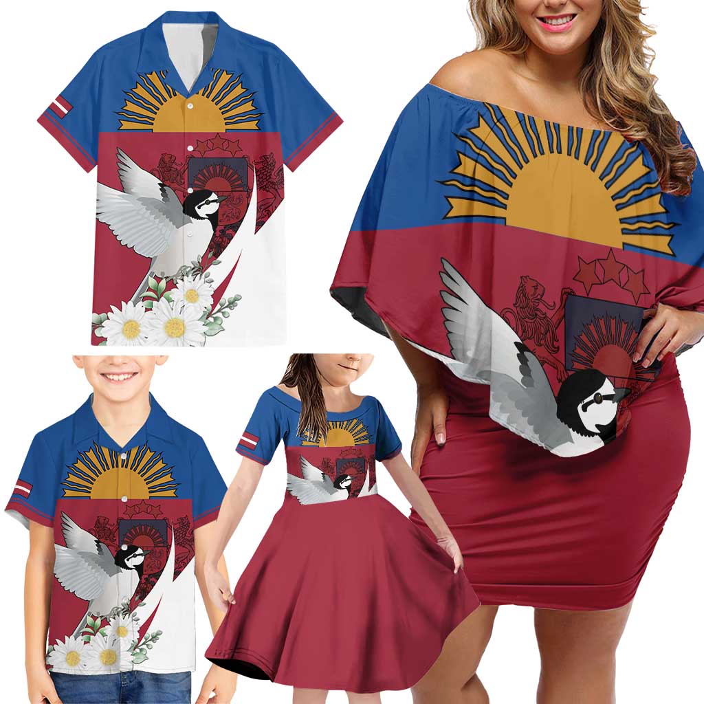 Personalized Latvia Family Matching Off Shoulder Short Dress and Hawaiian Shirt White Wagtail Dievs Sveti Latviju