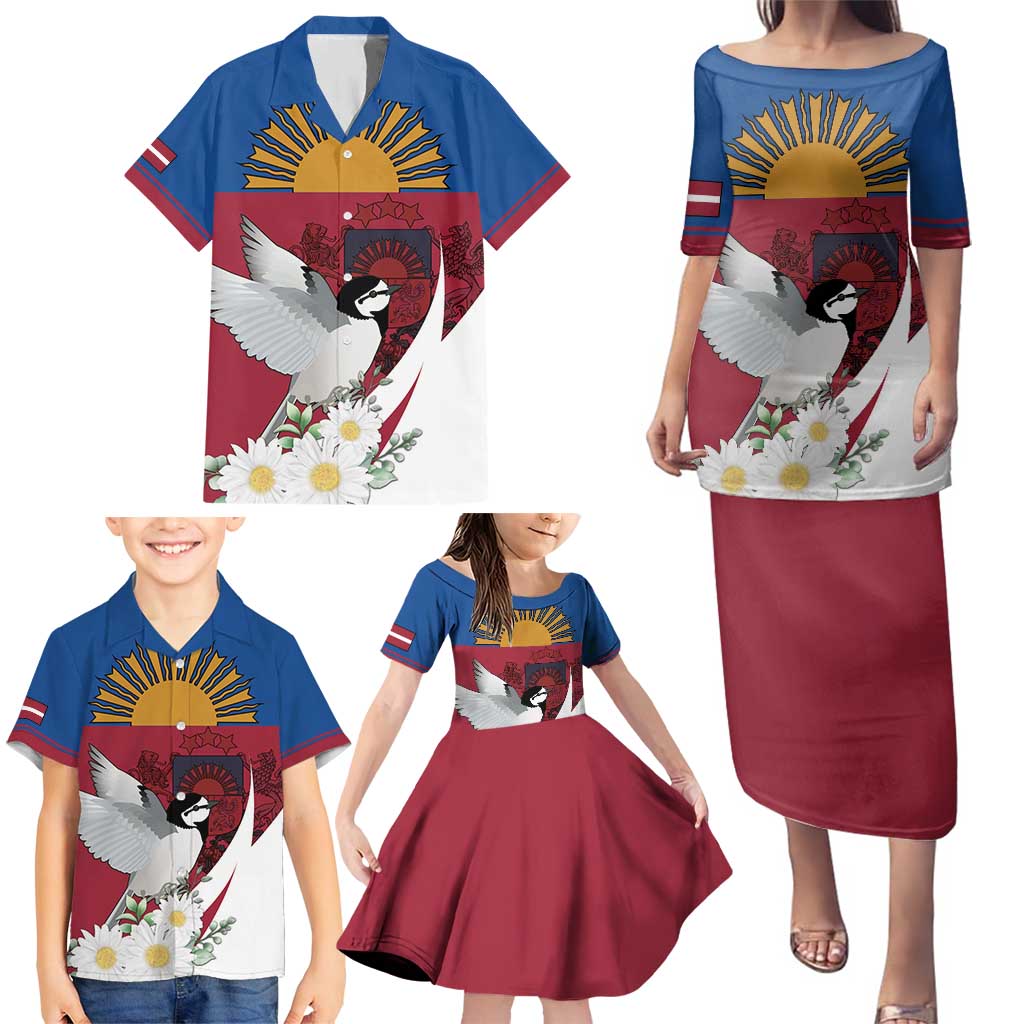 Personalized Latvia Family Matching Puletasi and Hawaiian Shirt White Wagtail Dievs Sveti Latviju