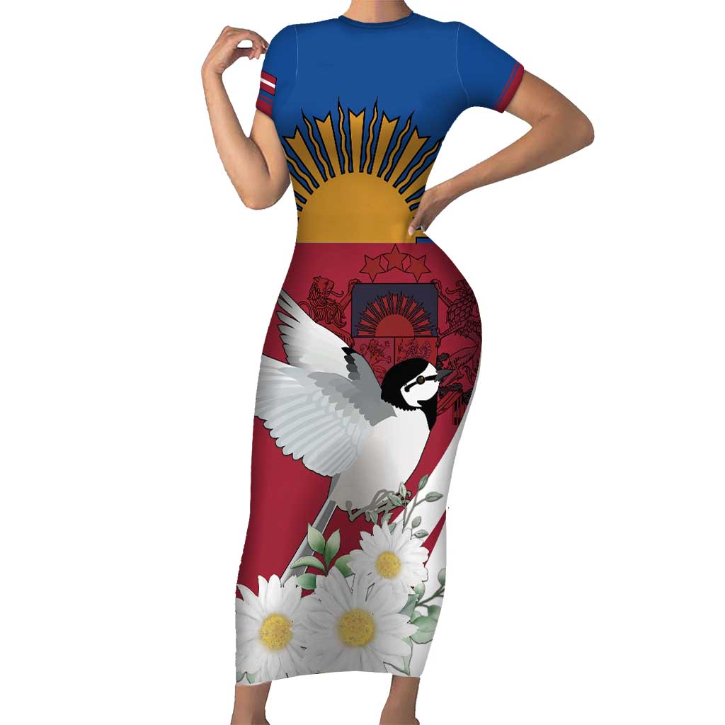 Personalized Latvia Family Matching Short Sleeve Bodycon Dress and Hawaiian Shirt White Wagtail Dievs Sveti Latviju