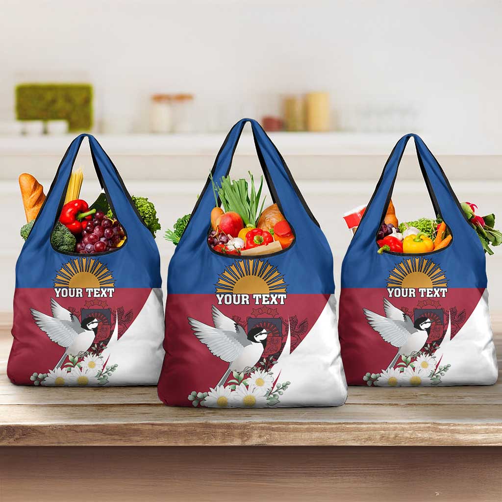 Personalized Latvia Grocery Bag White Wagtail Dievs Sveti Latviju
