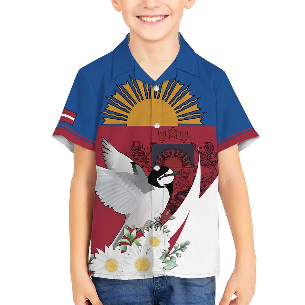 Personalized Latvia Kid Hawaiian Shirt White Wagtail Dievs Sveti Latviju