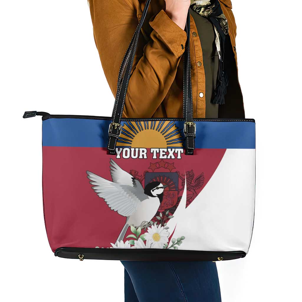 Personalized Latvia Leather Tote Bag White Wagtail Dievs Sveti Latviju
