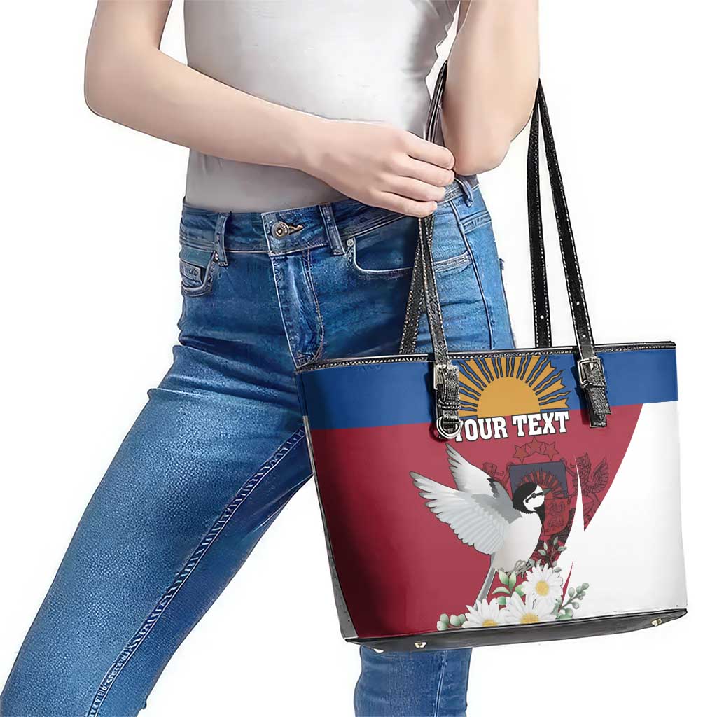 Personalized Latvia Leather Tote Bag White Wagtail Dievs Sveti Latviju