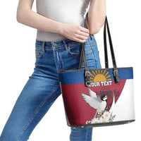 Personalized Latvia Leather Tote Bag White Wagtail Dievs Sveti Latviju