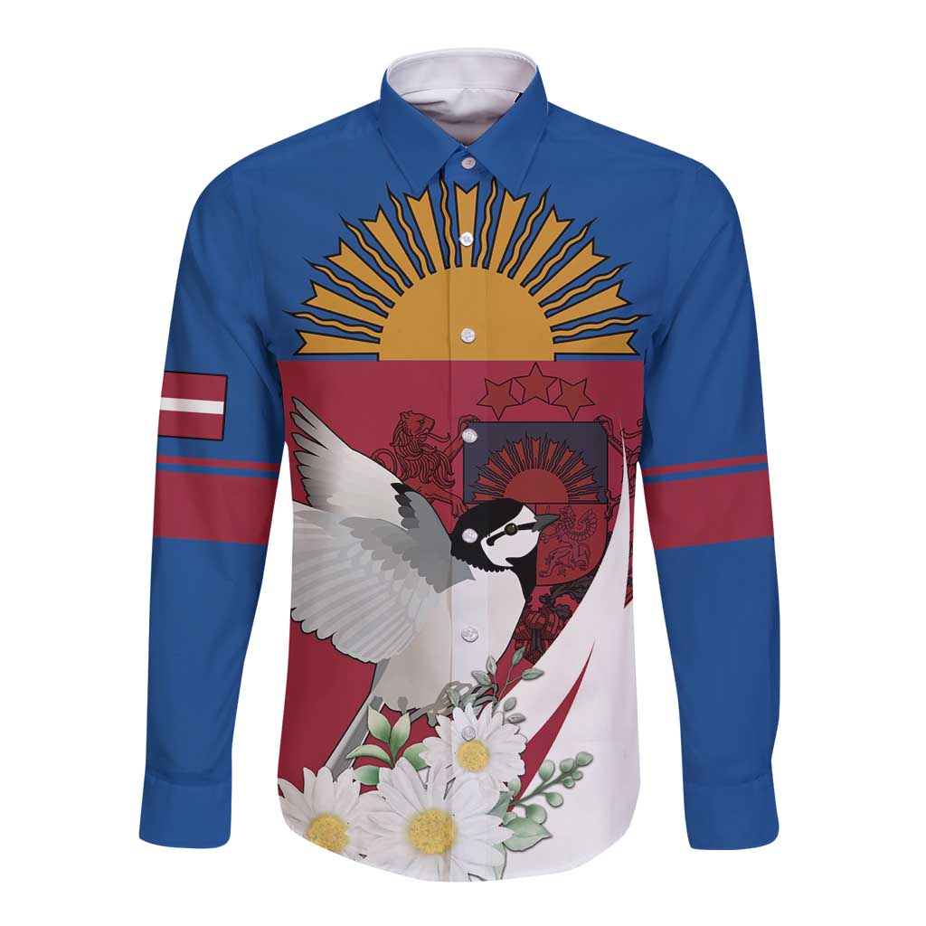 Personalized Latvia Long Sleeve Button Shirt White Wagtail Dievs Sveti Latviju