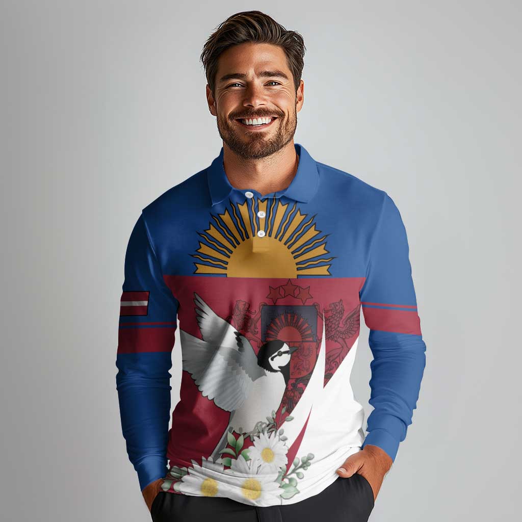 Personalized Latvia Long Sleeve Polo Shirt White Wagtail Dievs Sveti Latviju