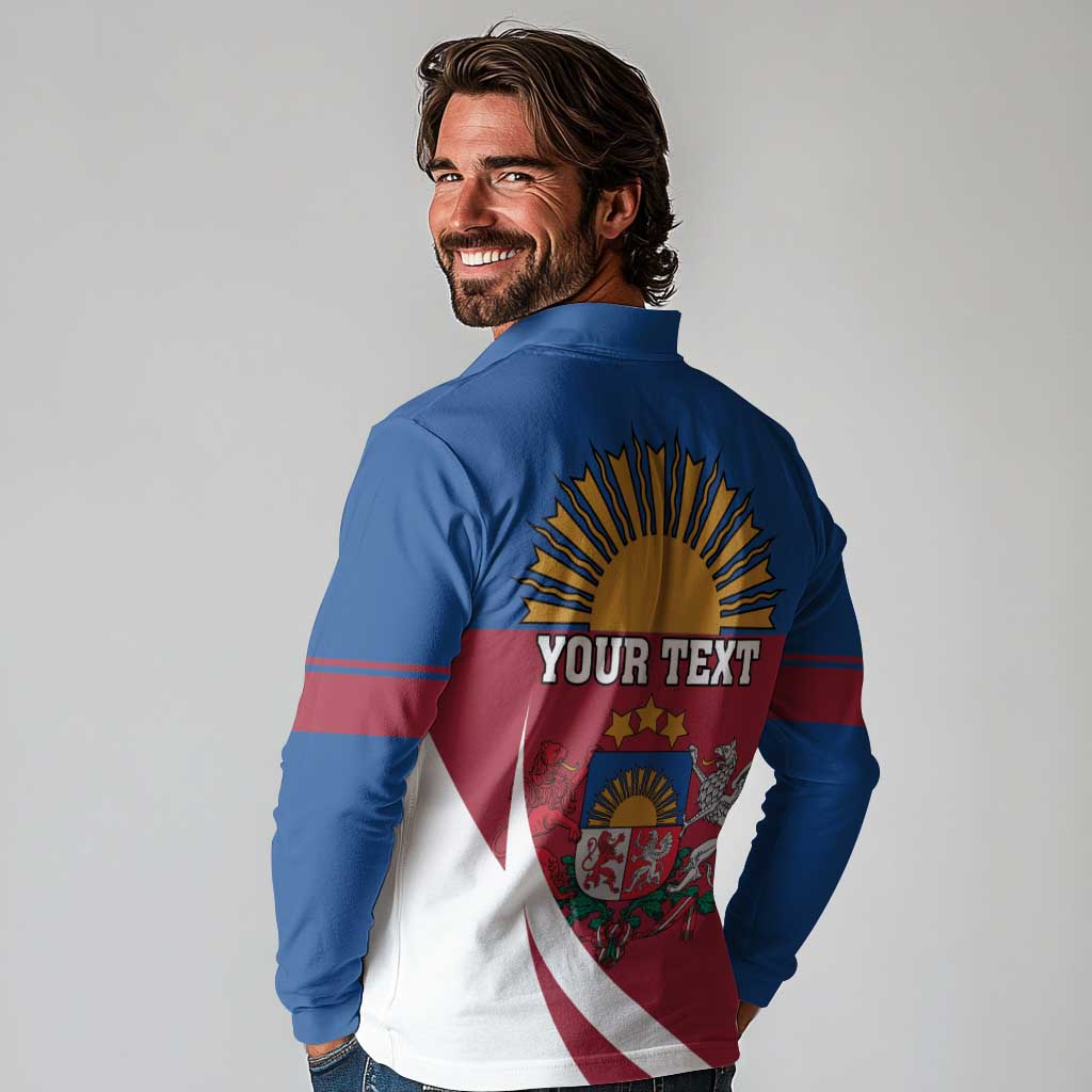Personalized Latvia Long Sleeve Polo Shirt White Wagtail Dievs Sveti Latviju